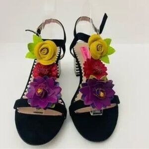 Betsey Johnson Black Sandals with Colorful Floral Accents